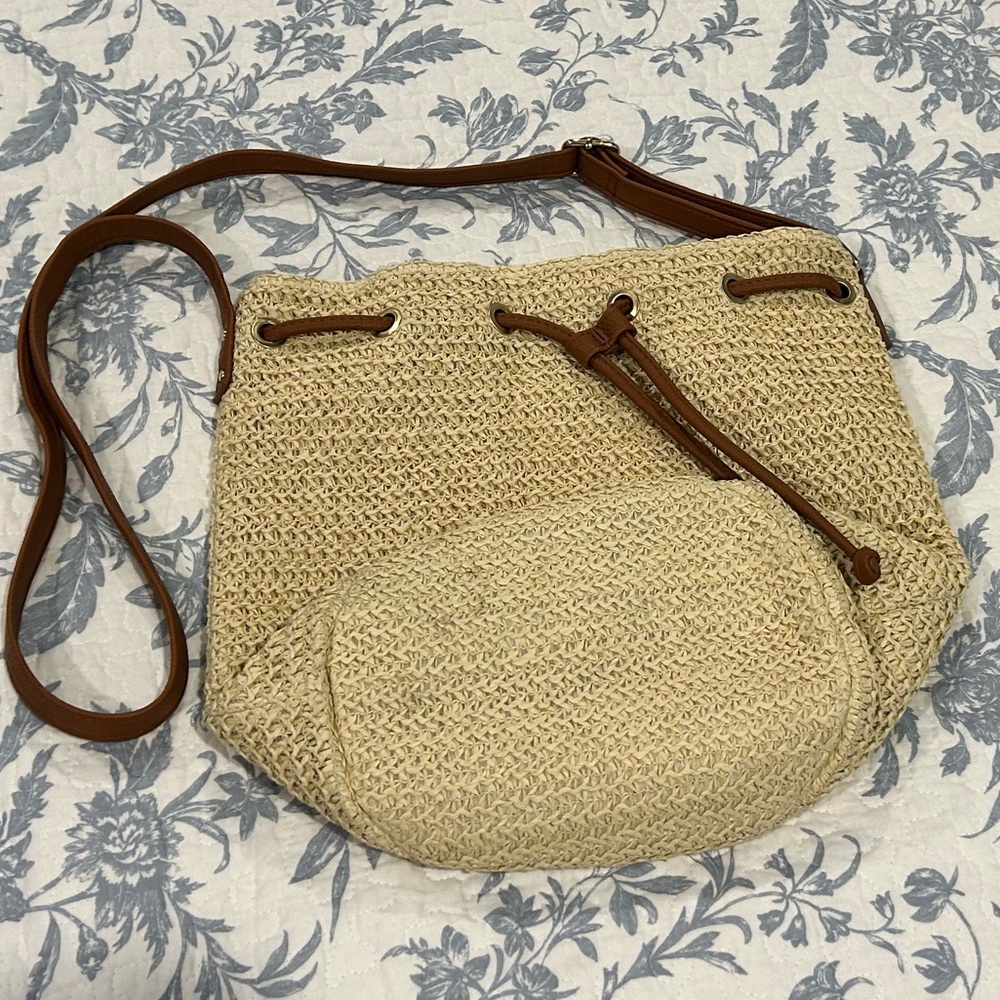 Tan and Brown Woven Shoulder Bag with Slouchy Design